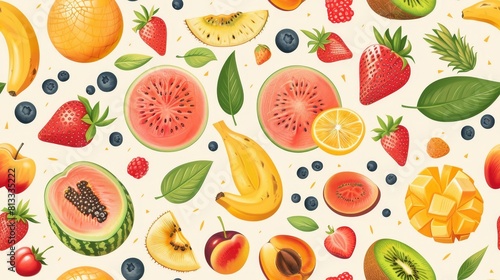 Colorful juicy fruits and berries. Seamless pattern.