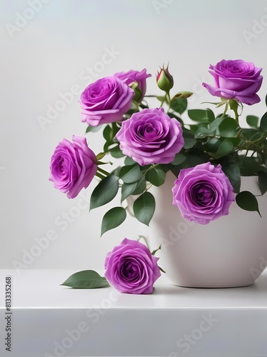 Juliet ourple rose in the flowerpot on the white table, white wall photo