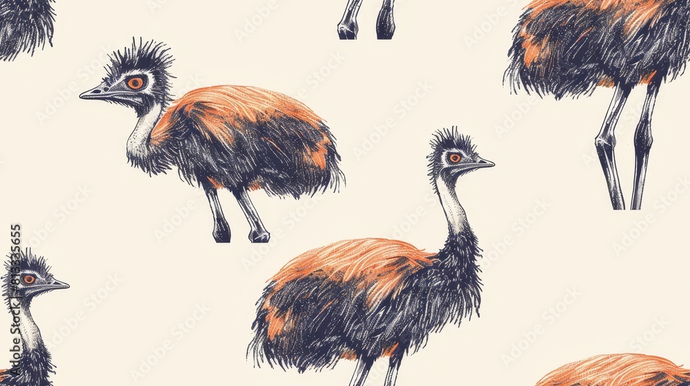 Obraz premium The image is a hand-drawn illustration of a seamless pattern with ostriches