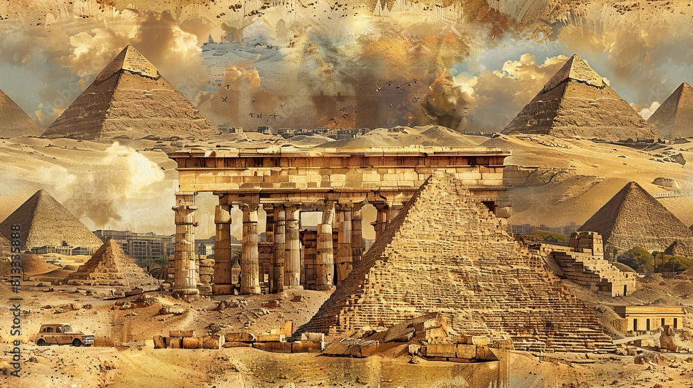 The image shows an ancient Egyptian temple with a large statue of a ...
