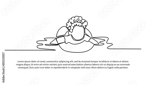 Continuous line design of a boy floats in the water using a tire swimming float. Single line decorative elements drawn on a white background.