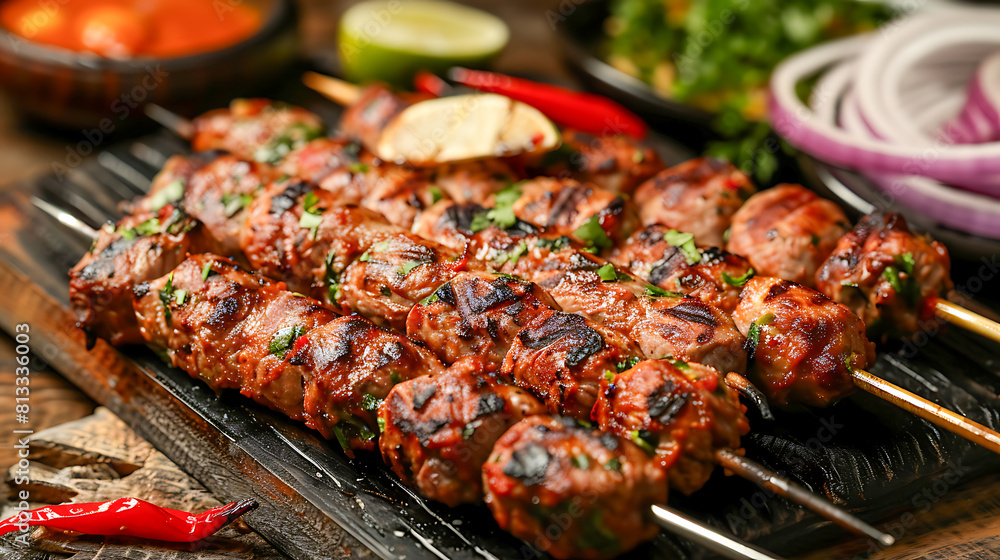 Grilled Kebab Skewers on Wooden Table Grilled Kebab Skewers on Wooden Table