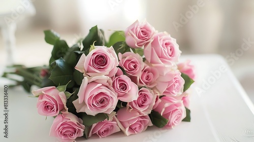 Bouquet of pink roses arranged elegantly on a white table  their soft petals creating a sense of tranquility and serenity.