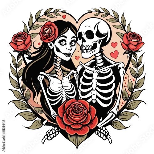 Vintage style tattoo featuring a skeleton couple holding hands, with intricate floral patterns intertwining around them.