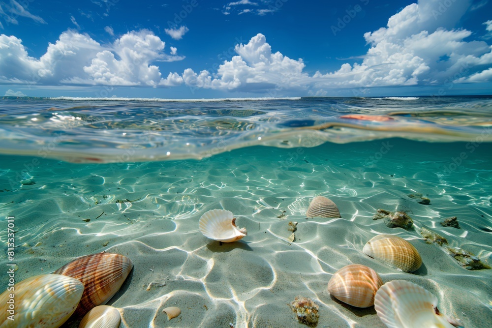 transparent seashore with shells and fish where marine fauna can be seen transparent seashore with shells and fish where marine fauna can be seen