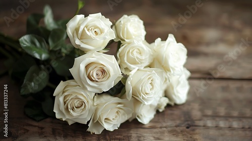 Bouquet of white roses arranged elegantly on a rustic wooden table, exuding timeless charm and grace. © Ahmad