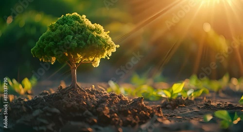 Green tree in the shape of Planet Earth growing from the ground on a green-yellow soft blurred background
