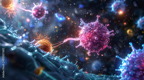 Conceptual Depiction of Immune Cells Releasing Cytokines, Immunology and Medical Research Concept. Scientific Illustration of Immune System Response, Generative AI   © Muskan