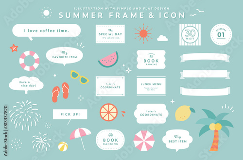 夏のフレームとイラストのセット　アイコン　あしらい　飾り　リボン　吹き出し　装飾　花火　夏休み　南国