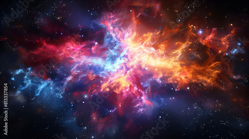 Cosmic Nova with Radiant Bursts of Iridescent Colors, Supernova Explosion in Space. Abstract Background with Colorful Galactic Phenomenon, Generative AI