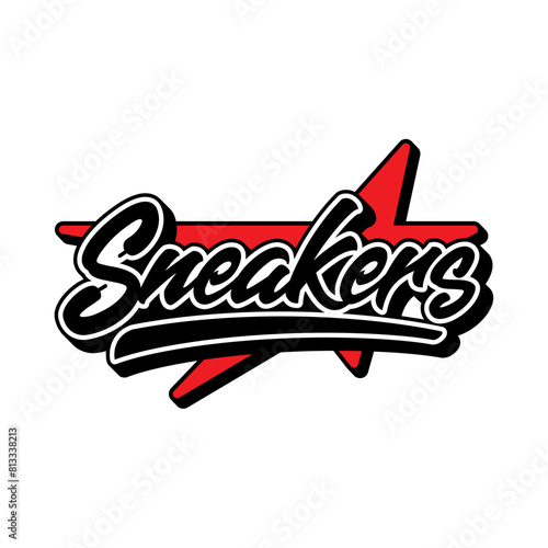 Sneakers slogan custom lettering logo for tshirt streetwear. Sneaker logo sport shoes black red white on white background. Vector Icon Logo Illustration