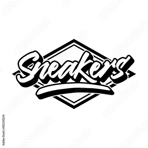 Sneakers slogan custom lettering logo for tshirt streetwear. Sneaker logo sport shoes black red white on white background. Vector Icon Logo Illustration