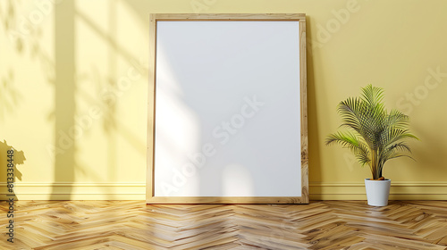 Blank White Canvas on a Wooden Easel in Sunlit Room with Yellow Walls and Small Palm Plant