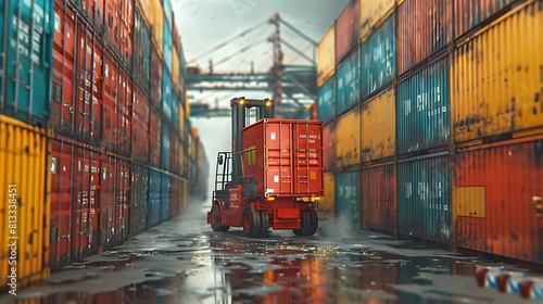 Container handler forklift loading at the docks to truck with stack of colorful containers box background and copy space, Cargo freight shipping import export logistics transportation industry concept