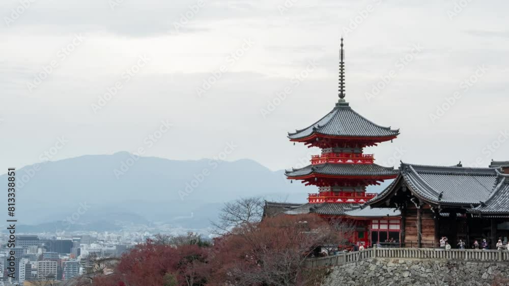 Pagoda at Kiyomizu-dera temple time lapse video in autumn season on a cloudy day. Pagoda at Kiyomizu-dera temple time lapse video in autumn season on a cloudy day.