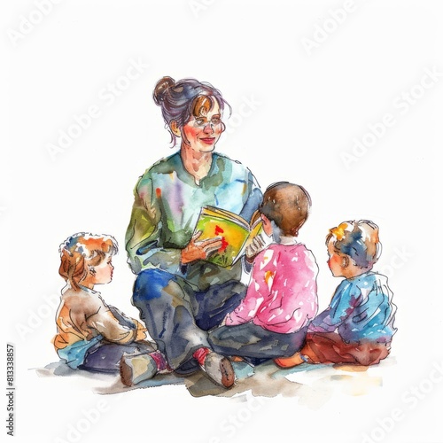 Watercolor painting of a dedicated teacher nurturing young minds and fostering a love of learning, on isolated white background, Generative AI photo