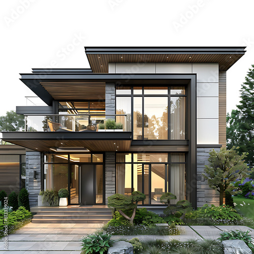 a modern house with large windows and a brown door, surrounded by green trees and a white sky © alovestete