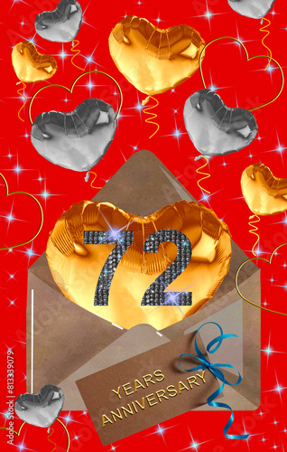 3d illustration, 72 anniversary. golden numbers on a festive background. poster or card for anniversary celebration, party