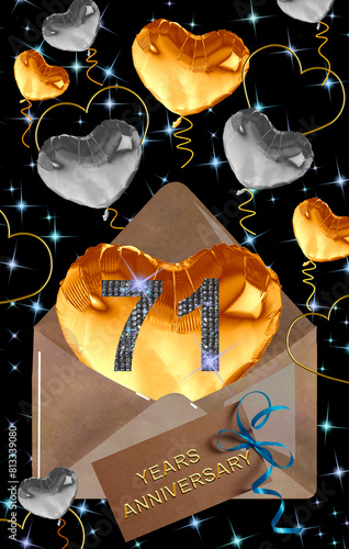 3d illustration, 71 anniversary. golden numbers on a festive background. poster or card for anniversary celebration, party