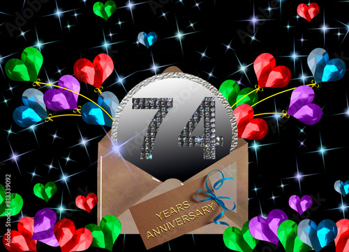 3d illustration, 74 anniversary. golden numbers on a festive background. poster or card for anniversary celebration, party