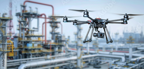 A drone hovering against a backdrop of technological infrastructure, illustrating the role of unmanned aerial vehicles in various industries.