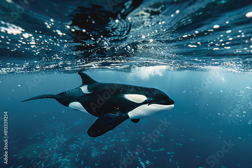 A black and white orca whale breaches from the blue ocean water