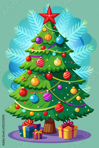  light green background, close-up of a Christmas tree with toys and gifts