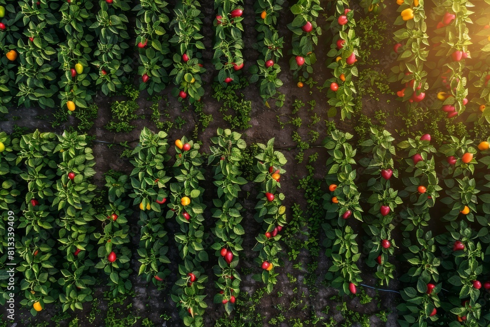 A vibrant, photorealistic digital illustration of an aerial view of a bell pepper farm in the golden sunlight, showcasing rows of lush green plants bearing colorful, glossy peppers.