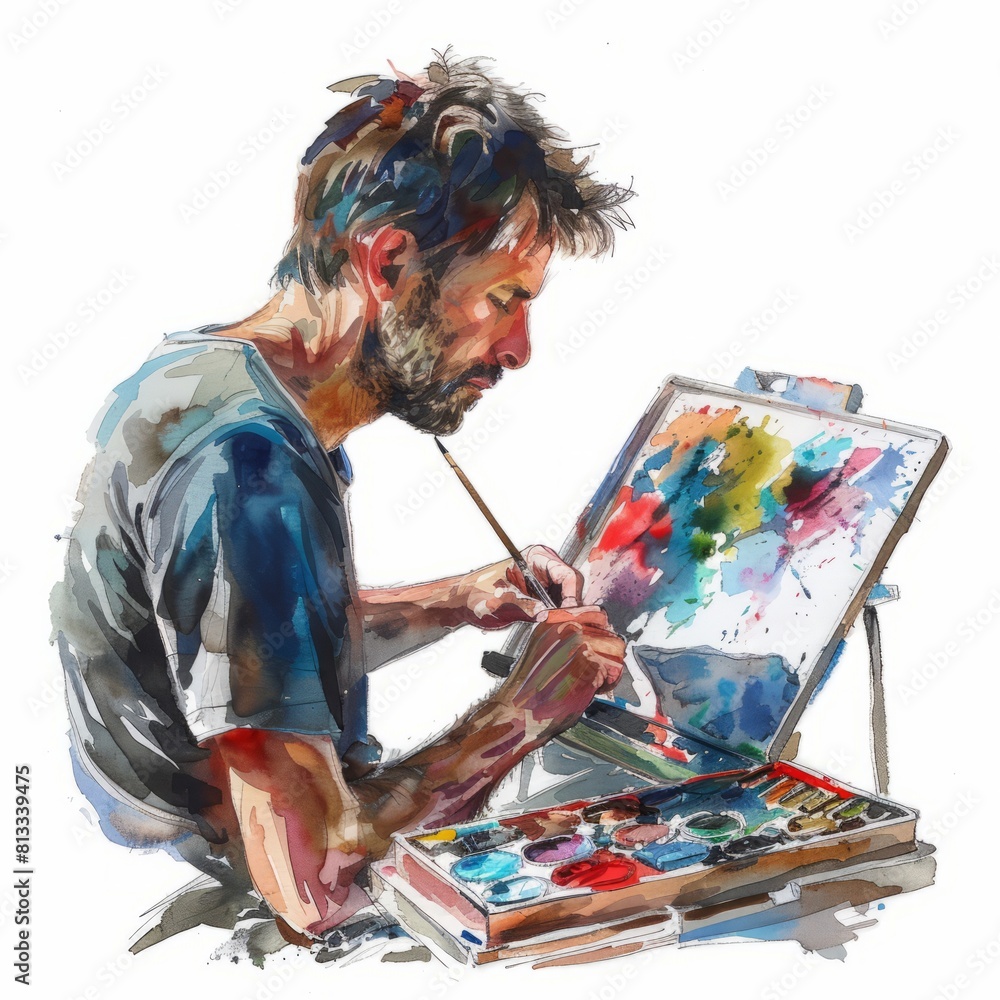 Fototapeta premium Watercolor painting of a passionate artist lost in the creative process, on isolated white background, Generative AI