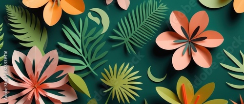 A colorful collage of paper flowers and leaves on a flat background