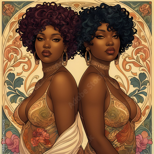 An Art Nouveau style illustration of two African American lesbians: They are gently engaged with each other amidst intricate patterns and vibrant colors, symbolizing love and unity.