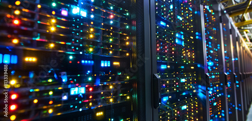 A network server room filled with rows of blinking LED lights on racks of servers, showcasing the backbone of modern technology infrastructure.