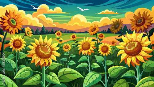 field with sunflowers closeup with space for text