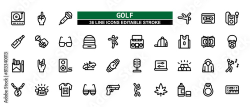 36 Golf Line Icons Set Pack Editable Stroke Vector Illustration.