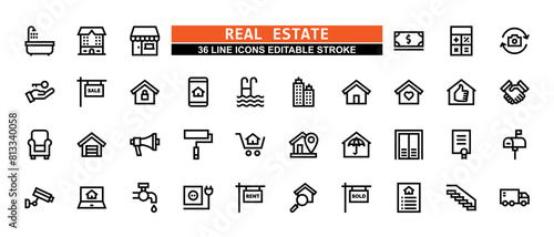 36 Real Estate Line Icons Set Pack Editable Stroke Vector Illustration.