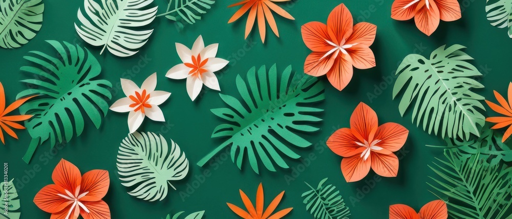 A colorful collage of paper flowers and leaves on a flat background A colorful collage of paper flowers and leaves on a flat background