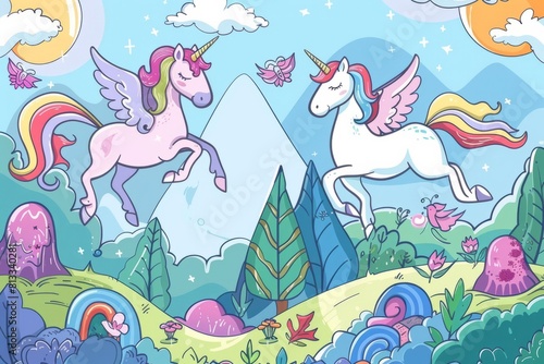 Cartoon cute doodles of a horseback riding competition in a magical forest, with unicorns and pegasi soaring over colorful obstacles, Generative AI photo