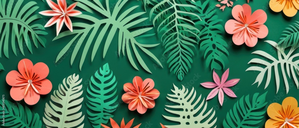 A colorful collage of paper flowers and leaves on a flat background A colorful collage of paper flowers and leaves on a flat background