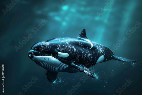 A blue and killer whale gracefully glides through the clear ocean water, surrounded by vibrant coral reefs