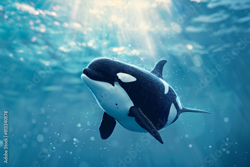 Blue ocean orca swimming underwater