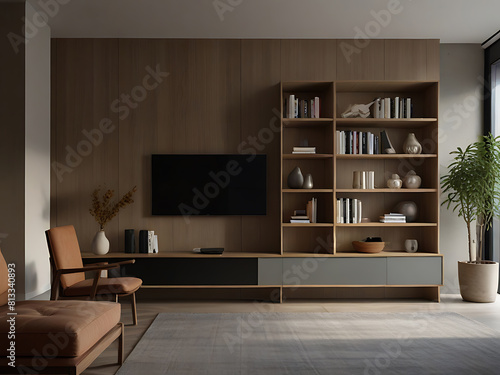 Simple modern minimalist cozy living room with bookshelf subtly complimenting aesthetic. Warm and natural lighting home decor. Generative AI.