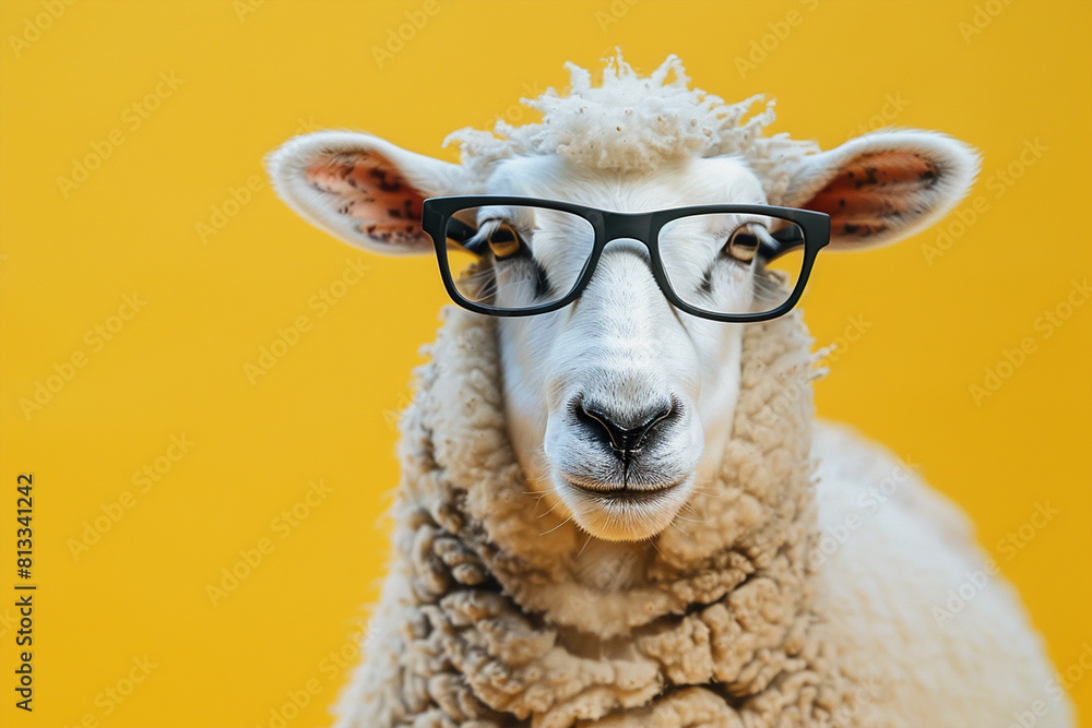 A sheep wearing glasses against a yellow background, Eid ul Adha A sheep wearing glasses against a yellow background, Eid ul Adha