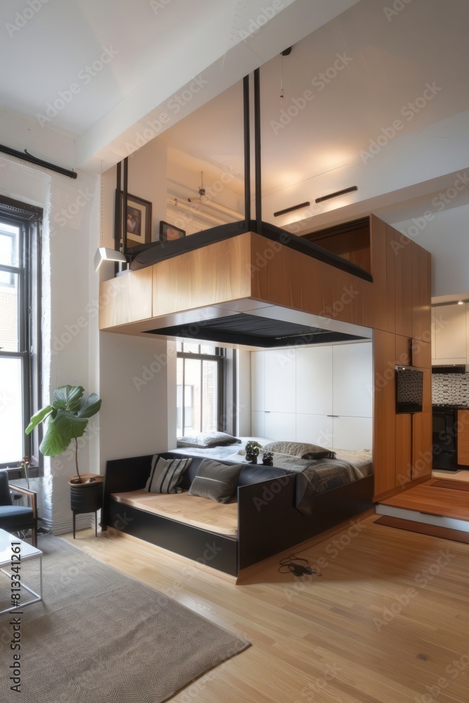 A minimalist studio apartment with multifunctional furniture, modular storage solutions, and an open layout, maximizing space, Generative AI A minimalist studio apartment with multifunctional furniture, modular storage solutions, and an open layout, maximizing space, Generative AI