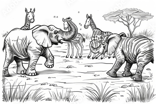 Cartoon cute doodles of a wrestling match between elephants and rhinoceroses in the savanna, with zebras and giraffes cheering from the sidelines, Generative AI photo