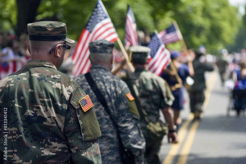 Group of male soldiers in camo uniforms marching with American flags at a parade. 4th of July, american independence day, happy independence day of america , memorial day concept Group of male soldiers in camo uniforms marching with American flags at a parade. 4th of July, american independence day, happy independence day of america , memorial day concept