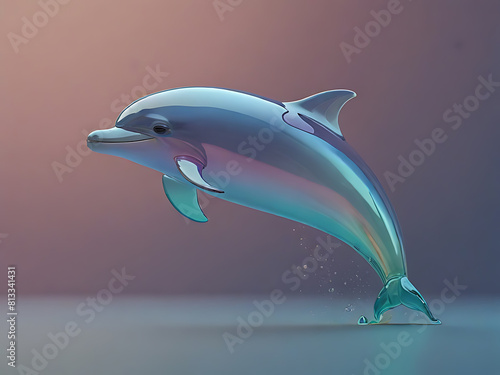 A cute dolphin made from glass material jumps mid air on vaporwave pastel background. Generative AI.