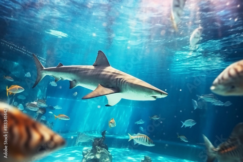 A grey reef shark swims gracefully through the crystal blue water of a tropical aquarium photo