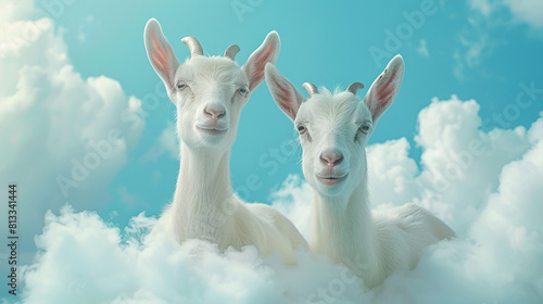 Eid ul adha concept goats on blue background with clean white clouds