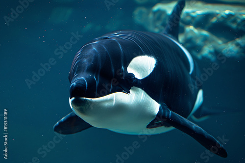A orca swims underwater in a large aquarium  surrounded by colorful fish and coral reefs