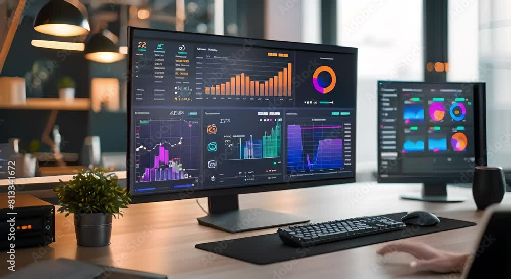 Data analysis is automated with AI technology. Big data, business analysis, artificial intelligence. Dashboard reports with sales and operations charts and KPI insights on the touch screen Data analysis is automated with AI technology. Big data, business analysis, artificial intelligence. Dashboard reports with sales and operations charts and KPI insights on the touch screen